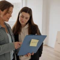 Mutter und Tochter bei einer Wohnungsbesichtigung mit einer Mappe, auf der ein gelber Zettel mit dem Wort „ANTRAG“ klebt, vor dem Umzug im Grundsicherungsgeld