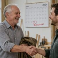 Mann um die 60 mit Hörgerät verabschiedet sich an seinem letzten Arbeitstag in einer Schreinerei von einem jüngeren Kollegen, an der Werkstattwand hängt ein Kalender mit dem rot eingekreisten Wort RENTENSTART.