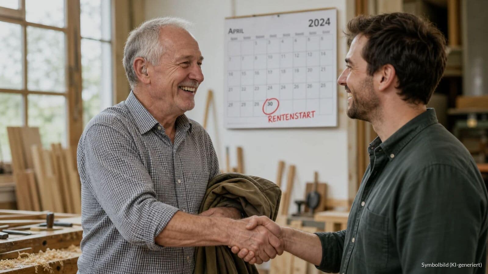 Mann um die 60 mit Hörgerät verabschiedet sich an seinem letzten Arbeitstag in einer Schreinerei von einem jüngeren Kollegen, an der Werkstattwand hängt ein Kalender mit dem rot eingekreisten Wort RENTENSTART.