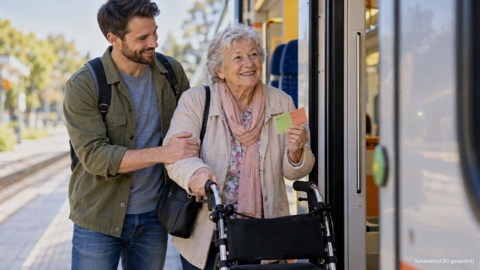 Ältere Frau mit Rollator und Schwerbehindertenausweis steigt mit Begleitperson in einen Regionalzug