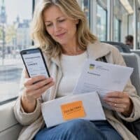 Frau in der Straßenbahn prüft Rentenbescheid und Gehaltsabrechnung, auf dem Umschlag klebt eine Haftnotiz mit dem Wort Freibetrag