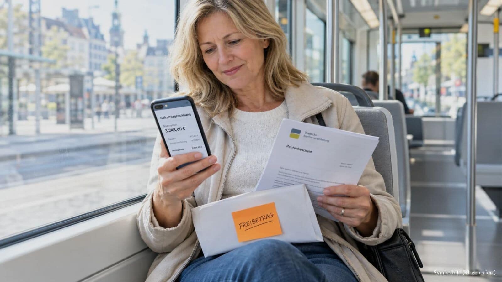 Frau in der Straßenbahn prüft Rentenbescheid und Gehaltsabrechnung, auf dem Umschlag klebt eine Haftnotiz mit dem Wort Freibetrag
