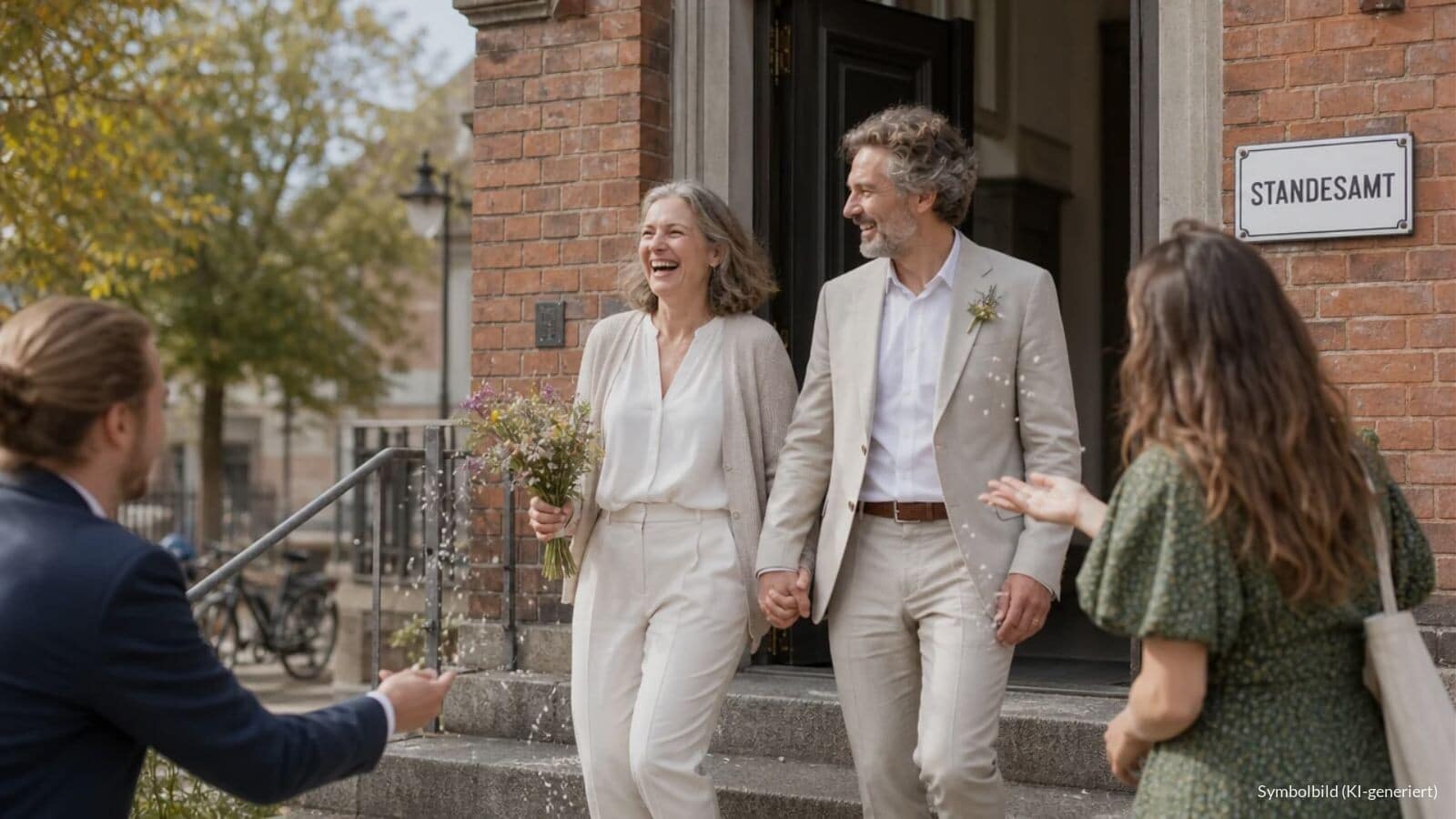 Frau Mitte vierzig und ihr Partner verlassen nach der Trauung lachend ein Standesamt, Symbolbild zur Abfindung der Witwenrente bei Wiederheirat.