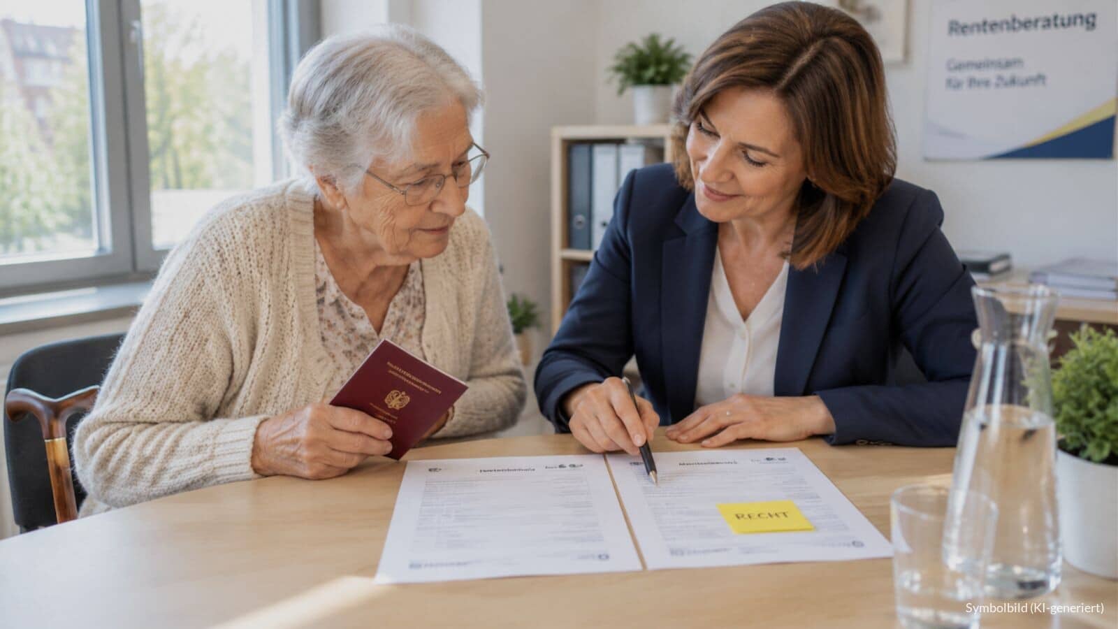 Ältere Frau mit Gehstock vergleicht in einer hellen Rentenberatungsstelle mit einer Beraterin zwei Bescheide, auf einem klebt ein gelber Zettel mit dem Wort RECHT.