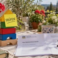 Holzbauklötze mit gelbem Haftzettel „PRÜFEN“ neben einem geöffneten Rentenbescheid auf einem sonnigen Balkontisch, Symbolbild für den Kinderzuschlag zur Witwenrente