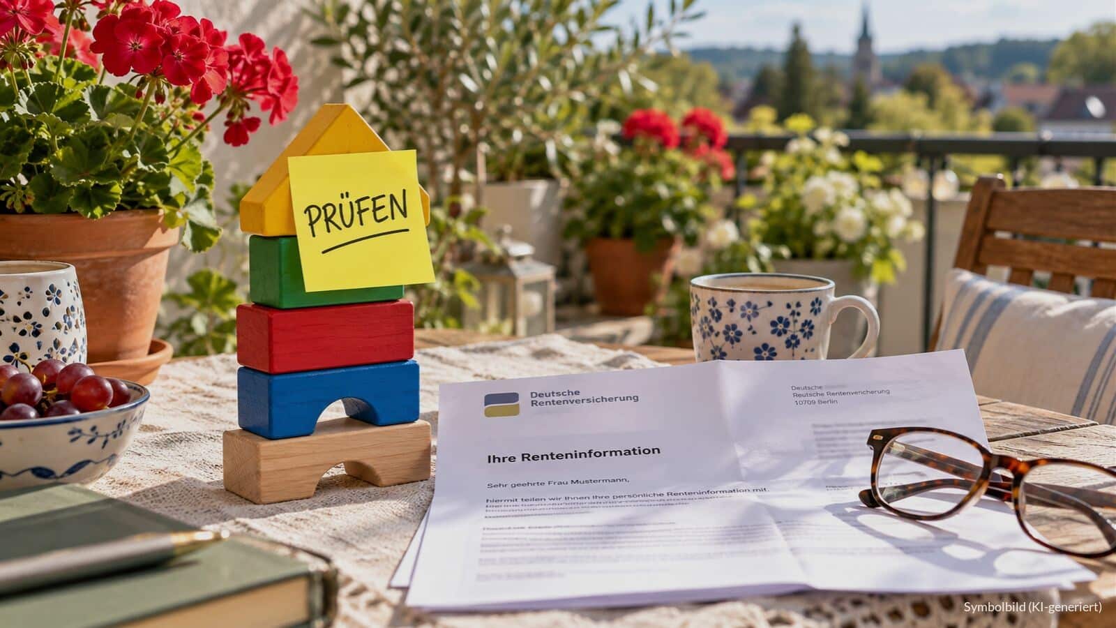 Holzbauklötze mit gelbem Haftzettel „PRÜFEN“ neben einem geöffneten Rentenbescheid auf einem sonnigen Balkontisch, Symbolbild für den Kinderzuschlag zur Witwenrente