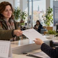 Frau reicht im Bürgerbüro einen Wohngeldantrag über den Schalter, im Vordergrund ein Kalenderblatt mit dem Monat Dezember.