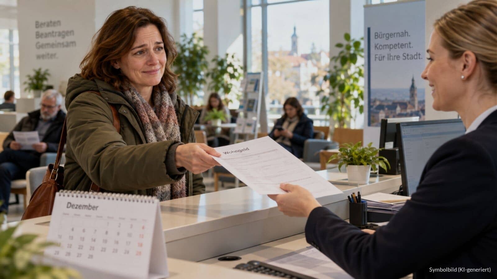Frau reicht im Bürgerbüro einen Wohngeldantrag über den Schalter, im Vordergrund ein Kalenderblatt mit dem Monat Dezember.
