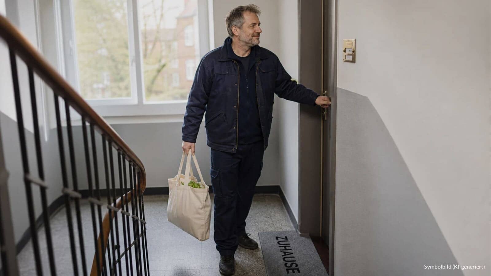 Mann mittleren Alters in Arbeitsjacke schließt im hellen Treppenhaus eines Mehrfamilienhauses seine Wohnungstür auf, auf der Fußmatte steht „Zuhause“.