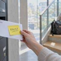 Hand zieht einen Behördenbrief mit gelber Haftnotiz „FRIST“ aus einem modernen Briefkasten, im Hintergrund unscharf ein Schulrucksack