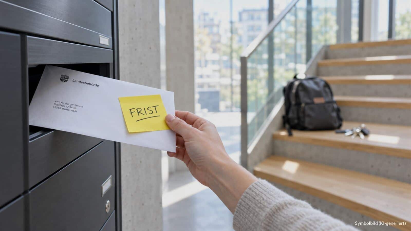 Hand zieht einen Behördenbrief mit gelber Haftnotiz „FRIST“ aus einem modernen Briefkasten, im Hintergrund unscharf ein Schulrucksack