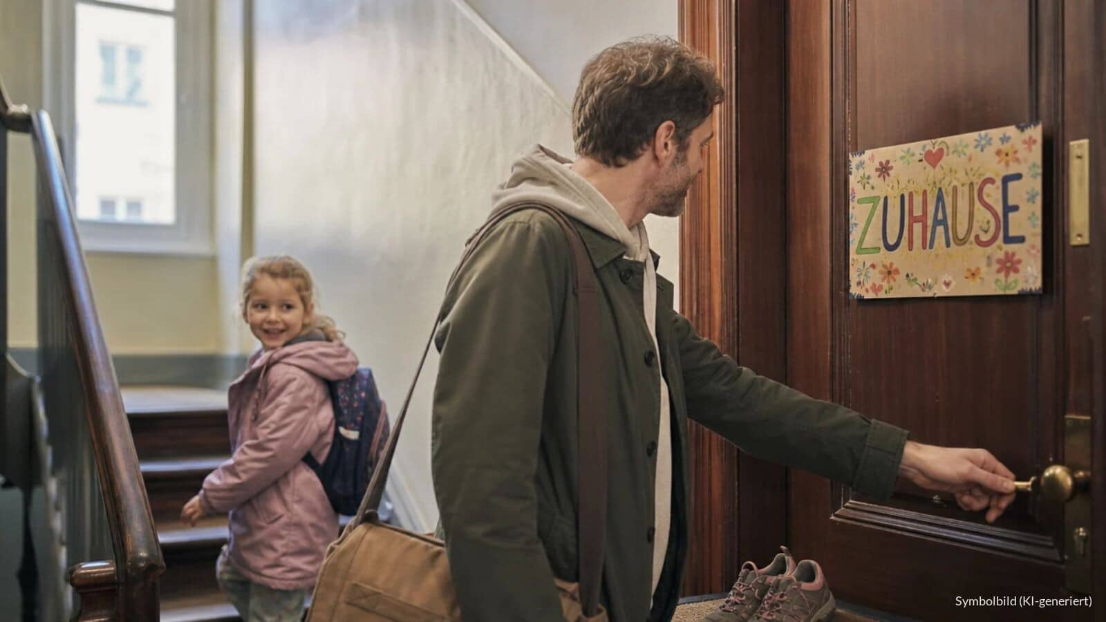 Vater und Tochter verlassen morgens ihre Mietwohnung im Treppenhaus eines Altbaus, an der Wohnungstür hängt ein selbstgemaltes Kinderschild mit dem Wort Zuhause