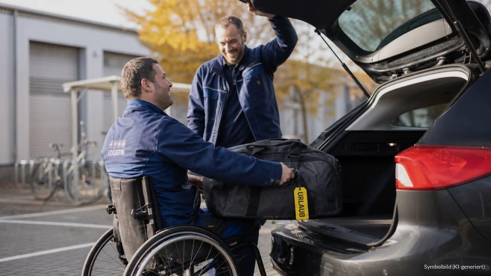 Mann im Rollstuhl lädt nach Feierabend eine Reisetasche in sein Auto, am Griff hängt ein Gepäckanhänger mit dem Wort Urlaub.